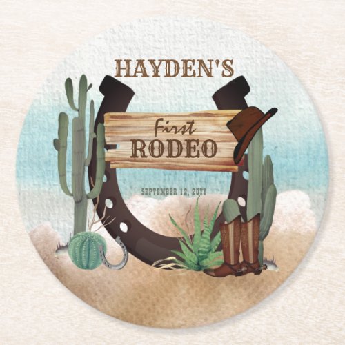 First Rodeo Cowboy Western Boy 1st Birthday Party Round Paper Coaster