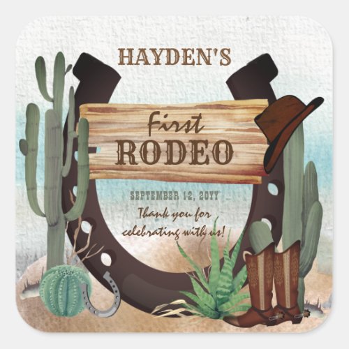 First Rodeo Cowboy Western Boy 1st Birthday Party Square Sticker