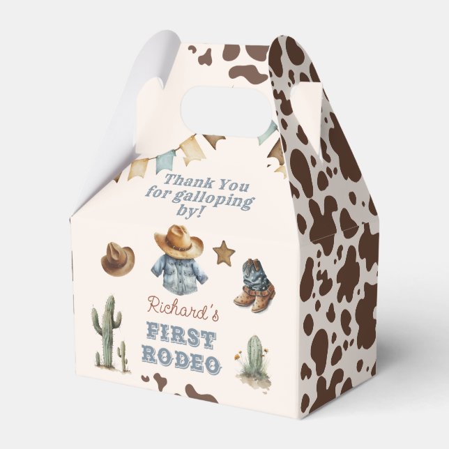 First rodeo Cowboy Wild west birthday party Favor Boxes (Front Side)
