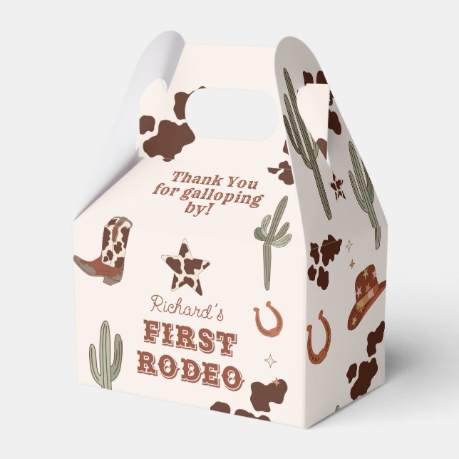 First rodeo Cowboy Wild west birthday party Favor Boxes (Front Side)