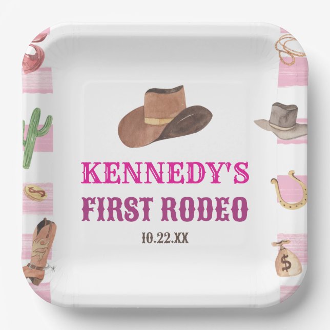 First Rodeo Cowgirl 1st First Birthday Party Paper Plates (Front)