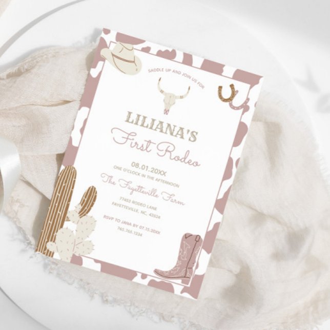 First Rodeo Cowgirl Birthday Cow Print Border Invitation (Available for print and PERFECT for instant digital download!)