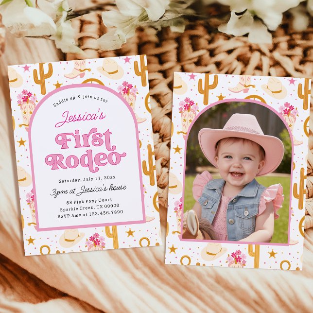 First Rodeo Cowgirl Photo Pink 1st Birthday Party Invitation (Creator Uploaded)