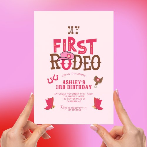 First Rodeo Cowgirl Pink 3rd Birthday Invitation