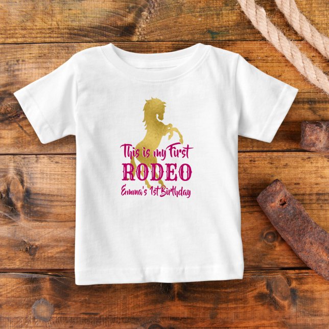 First rodeo cowgirl pink and gold personalized baby T-Shirt (Creator Uploaded)