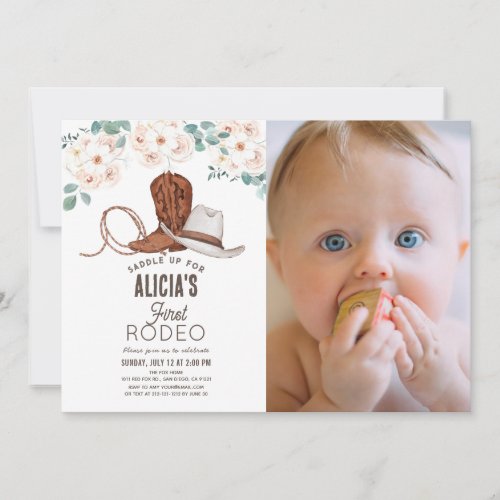 First Rodeo Cowgirl Western Floral 1st Birthday Invitation
