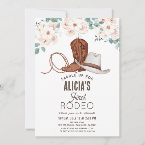 First Rodeo Cowgirl Western Floral 1st Birthday Invitation