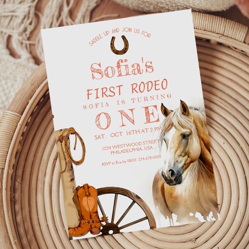 First Rodeo Cowgirl Western Modern Birthday Party Invitation
