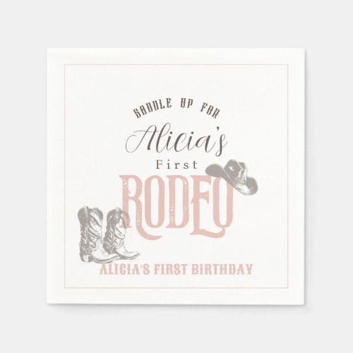 First Rodeo Cowgirl Western Pink 1st Birthday Napkins