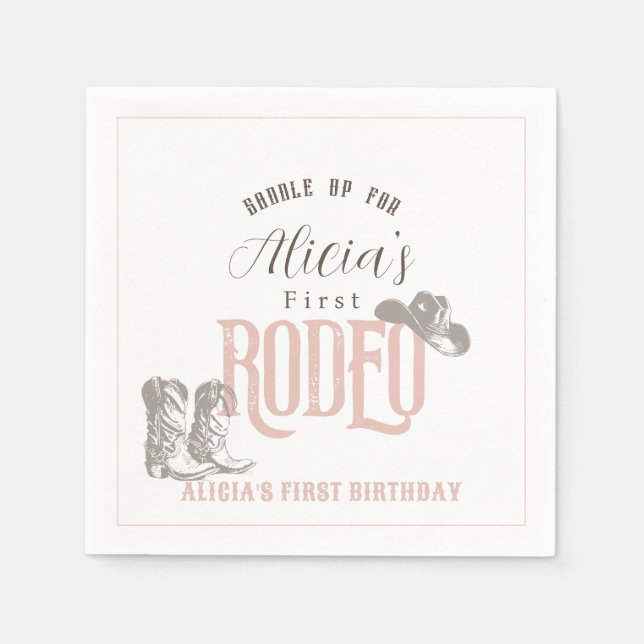 First Rodeo Cowgirl Western Pink 1st Birthday Napkins (Front)