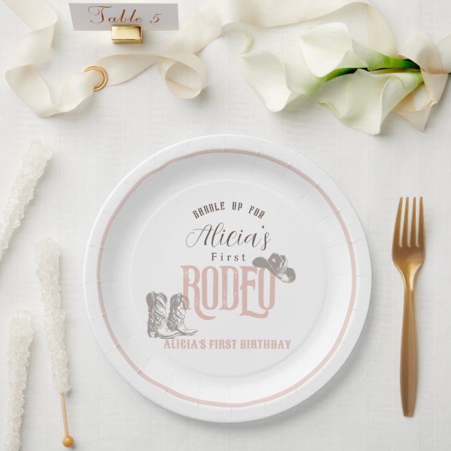 First Rodeo Cowgirl Western Pink 1st Birthday Paper Plates (Wedding)