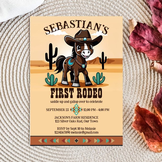 First Rodeo cute cowboy baby horse birthday party Invitation (First rodeo cute cowboy baby horse in a hat birthday party template download western Arizona desert)