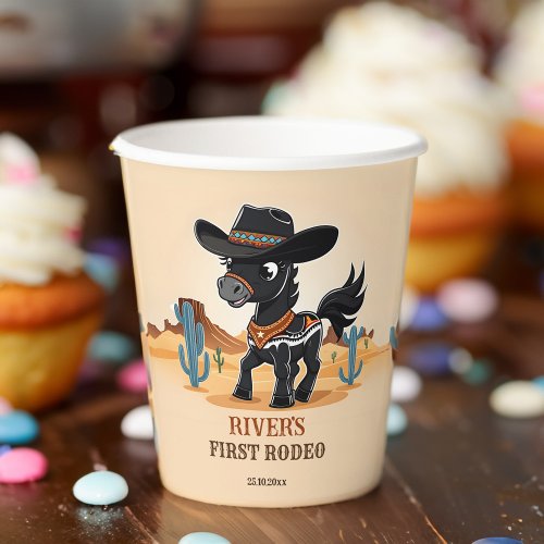 First Rodeo cute cowboy baby horse birthday party Paper Cups