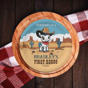 First Rodeo cute cowboy baby horse birthday party Paper Plates