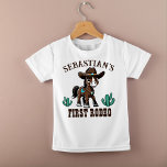 First Rodeo cute cowboy horse birthday party Baby T-Shirt<br><div class="desc">First Rodeo cute cowboy baby horse birthday party personalized t-shirt,  adorable brown baby horse in a cowboys hat and decorated saddle on Arizona landscape for cowboys western themed birthday party.</div>