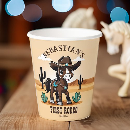 First Rodeo cute cowboy horse birthday party Paper Cups