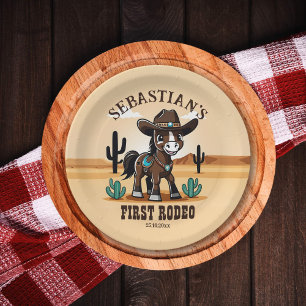 First Rodeo cute cowboy horse birthday party Paper Plates