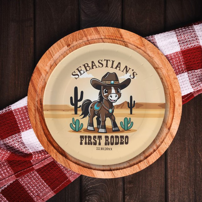 First Rodeo cute cowboy horse birthday party Paper Plates (First rodeo western birthday party tableware personalized plates cute cowboy baby horse Arizona)