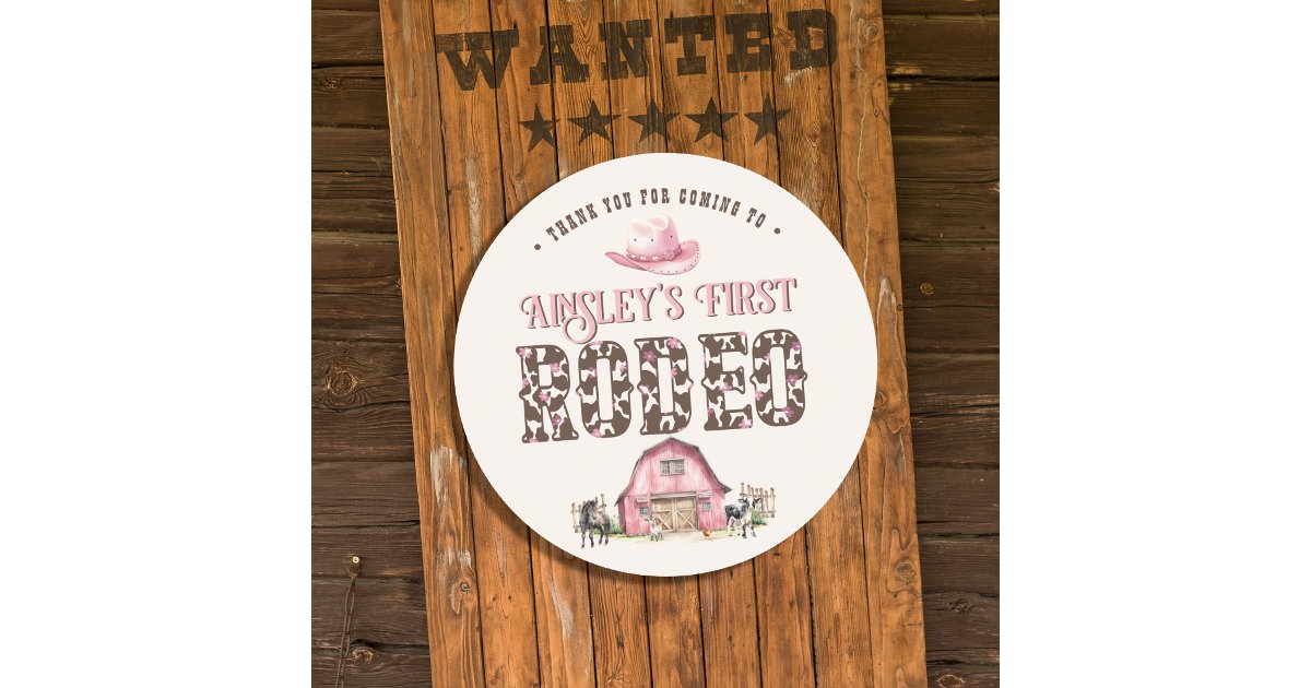 Pink Rodeo Sticker First Rodeo Cute Pink Personalized 1st Birthday Classic Round Sticker ...