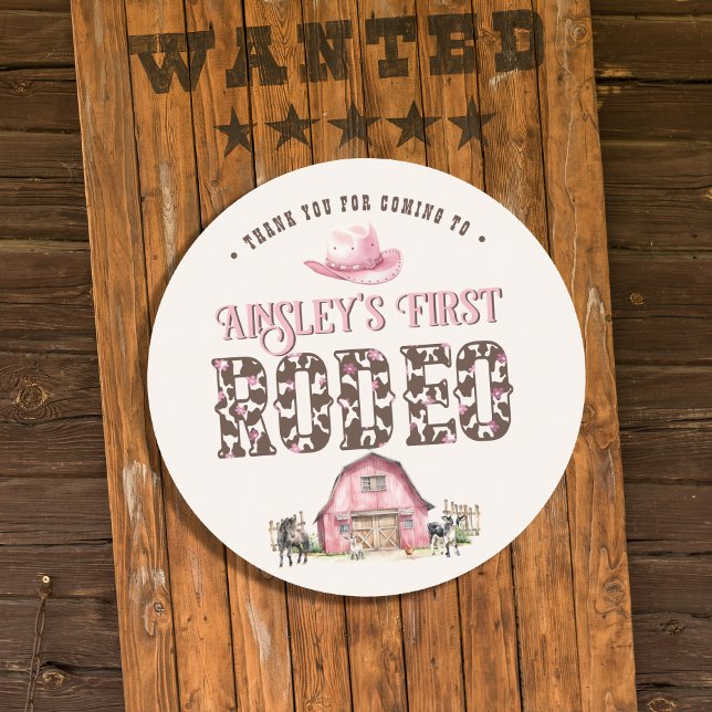 First Rodeo Cute Pink Personalized 1st Birthday Classic Round Sticker (Creator Uploaded)