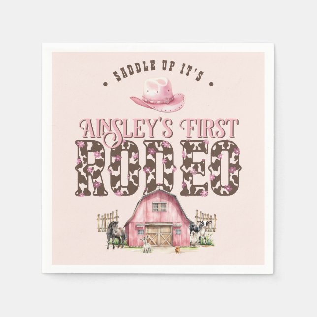 First Rodeo Cute Pink Personalized 1st Birthday Napkins (Front)