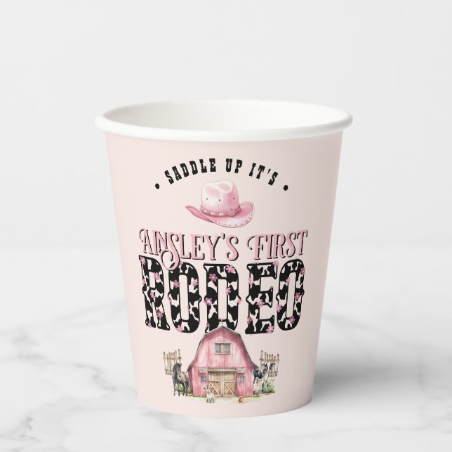 First Rodeo Cute Pink Personalized 1st Birthday Paper Cups (Front)