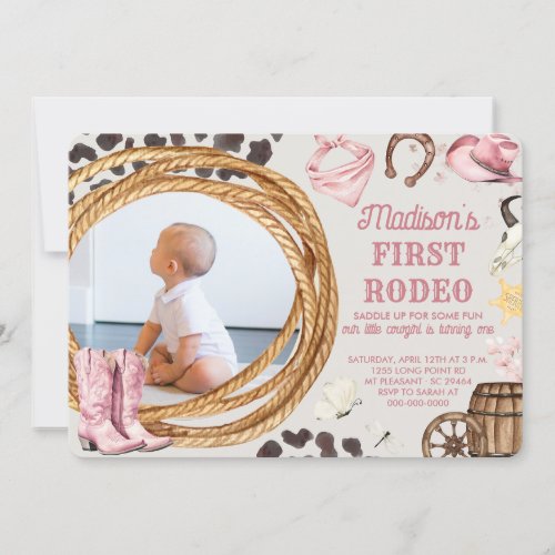 First Rodeo Girl Pink Western Birthday Party Photo Invitation