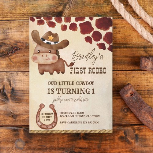 First rodeo little cowboy cute baby horse birthday invitation