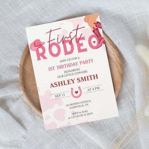 First Rodeo Little Cowgirl 1st Birthday Pink Red Invitation