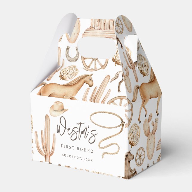 First Rodeo Neutral Southern Cowboy Birthday Favor Boxes (Front Side)