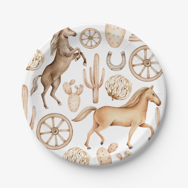 First Rodeo Neutral Southern Cowboy Birthday Paper Paper Plates (Front)