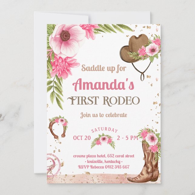 First Rodeo Party Pink Cowgirl Birthday  Invitation (Front)