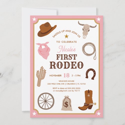 First Rodeo Pink Cowgirl Wild West First Birthday Invitation