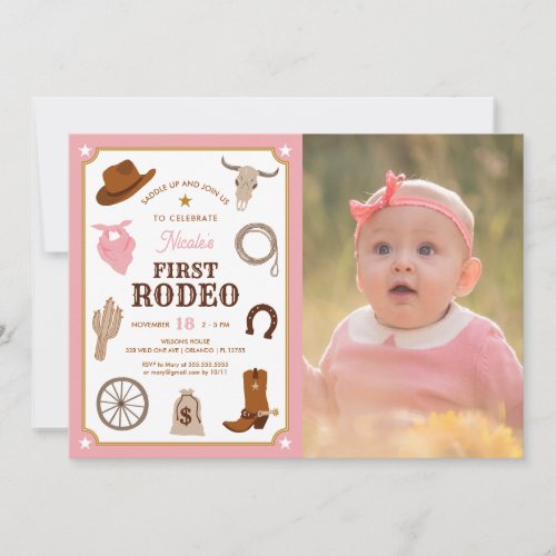 First Rodeo Pink Girl Wild West 1st Birthday Photo Invitation