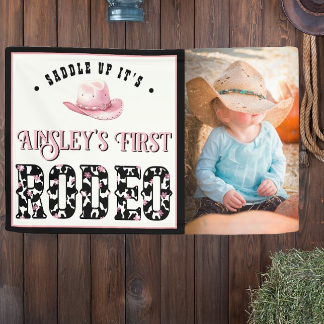 First Rodeo Pink Personalized Photo 1st Birthday Banner (Creator Uploaded)