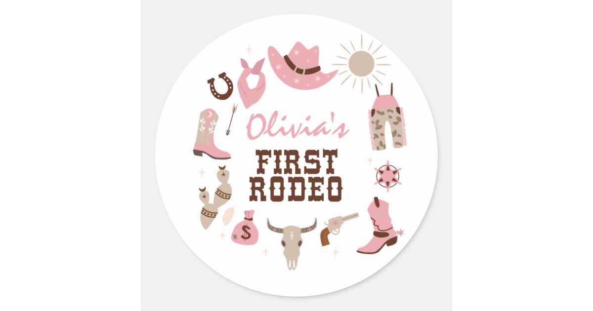 Pink Rodeo Sticker First Rodeo Pink Western Cowboy 1st Birthday Classic Round Sticker | Zazzle