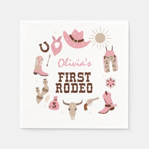 First Rodeo Pink Western Cowboy 1st Birthday Napkins