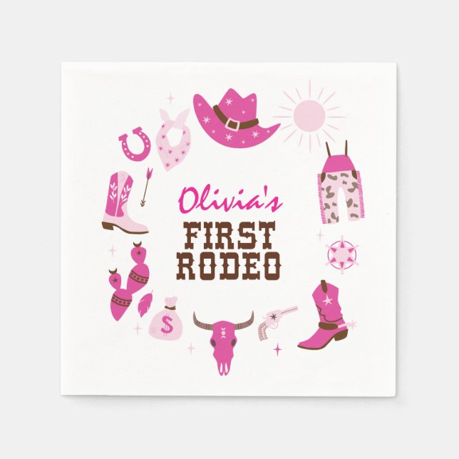 First Rodeo Pink Western Cowboy 1st Birthday Napkins (Front)