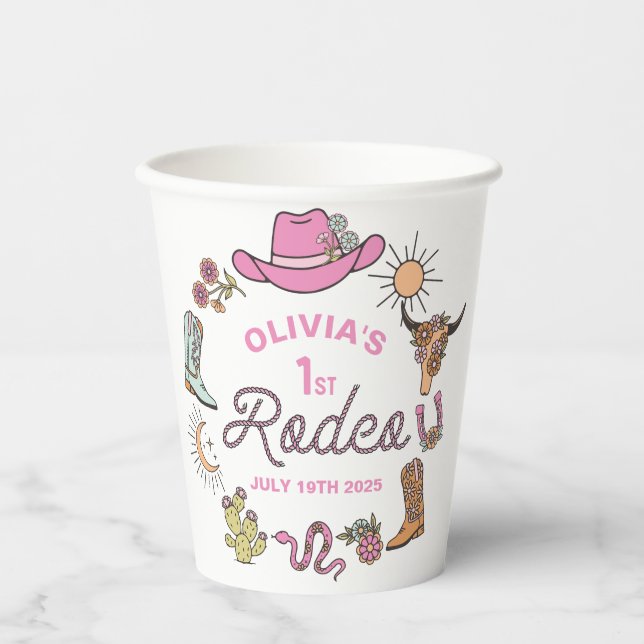 First Rodeo Pink Western Cowboy 1st Birthday Paper Cups (Front)