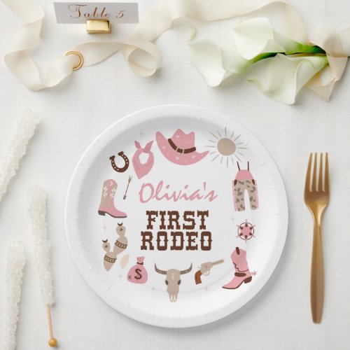 First Rodeo Pink Western Cowboy 1st Birthday Paper Plates