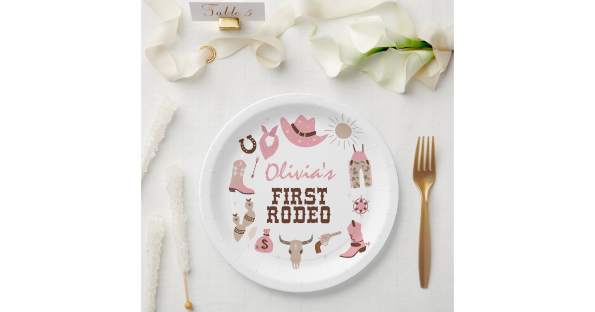 First Rodeo Pink Western Cowboy 1st Birthday Paper Plates | Zazzle
