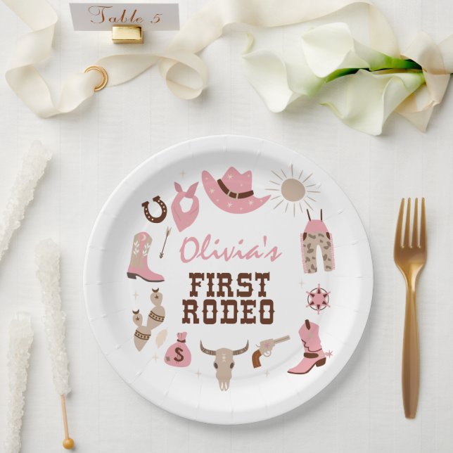 First Rodeo Pink Western Cowboy 1st Birthday Paper Plates (Wedding)