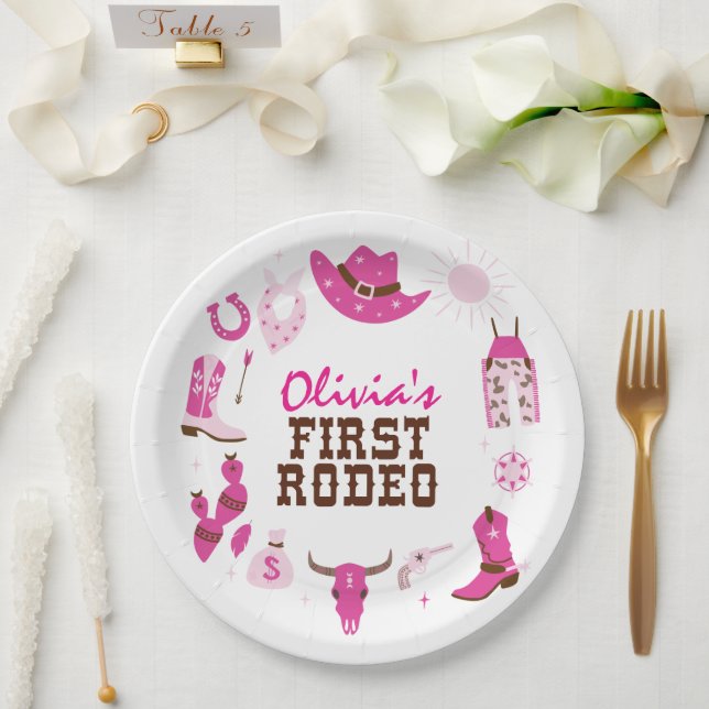 First Rodeo Pink Western Cowboy 1st Birthday Paper Plates (Wedding)