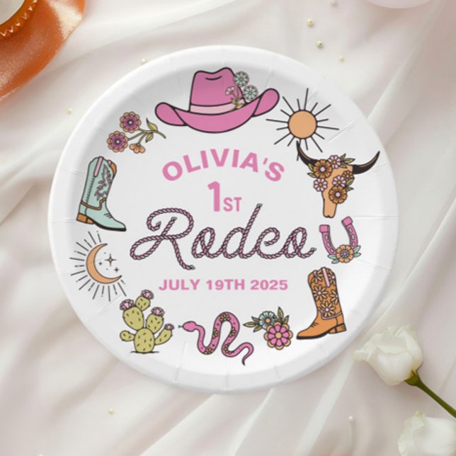First Rodeo Pink Western Cowboy 1st Birthday Paper Plates (Creator Uploaded)