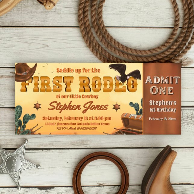 First Rodeo Ticket  Invitation (First Rodeo -  Boy 1st Birthday Cowboy Ticket Invitation)