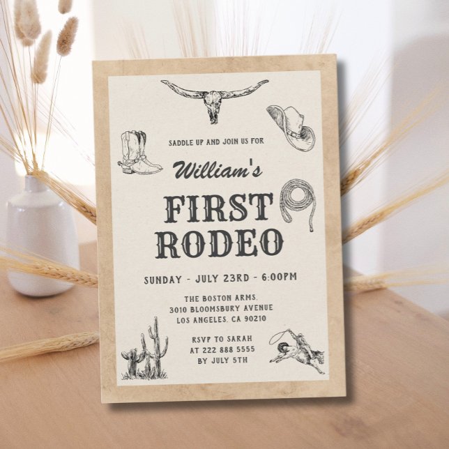 First Rodeo Vintage Neutral Cowboy 1st Birthday Invitation (Creator Uploaded)