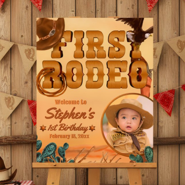 First Rodeo Welcome Sign with Photo (First Rodeo -  Boy 1st Birthday Cowboy Welcome Sign with Picture)