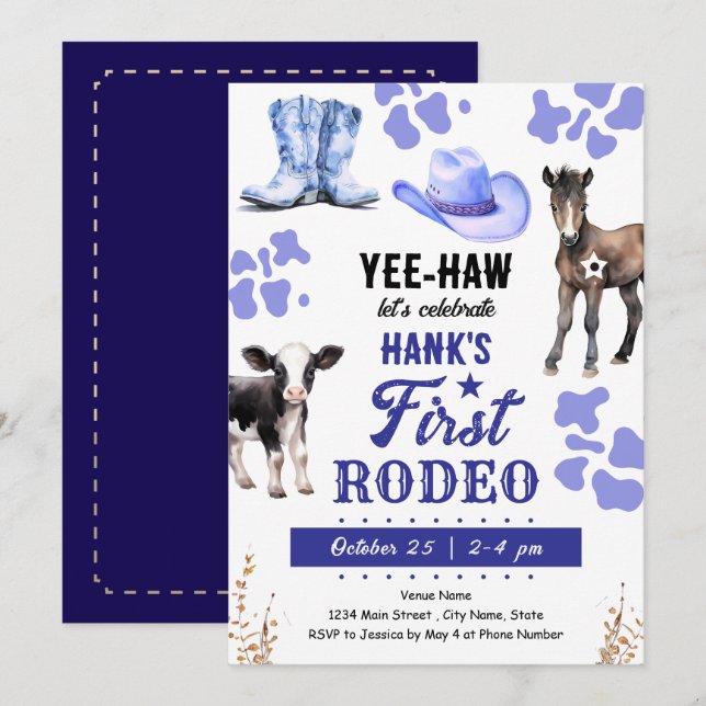 First Rodeo Western Birthday BLUE Invitation (Front/Back)