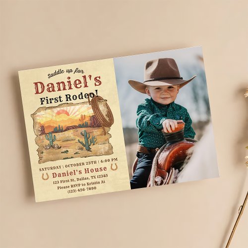 First Rodeo Western Cowboy 1st Birthday Photo Invitation