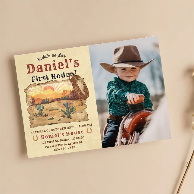 First Rodeo Western Cowboy 1st Birthday Photo Invitation (Creator Uploaded)